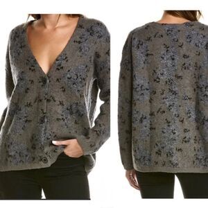 ALLSAINTS Women's Sz SMALL Grey Black Patterned V-Neck Wool Blend Cardigan $228